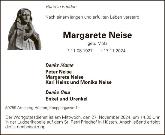 Todesanzeige von Margarete Neise von WA