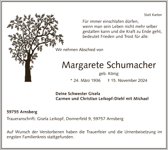 Todesanzeige von Margarete Schumacher von WA