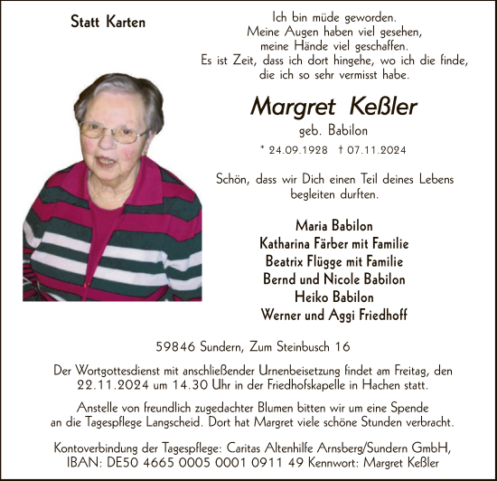 Todesanzeige von Margret Keßler von WA