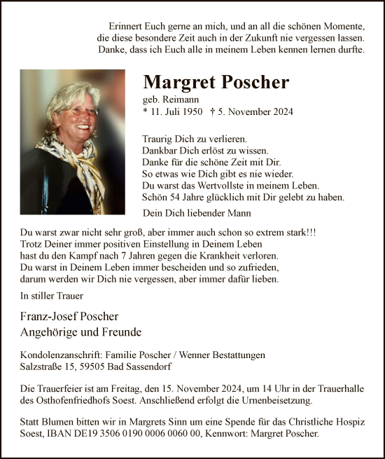 Todesanzeige von Margret Poscher von WA