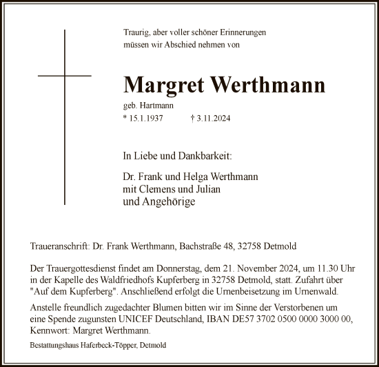 Todesanzeige von Margret Werthmann von WA