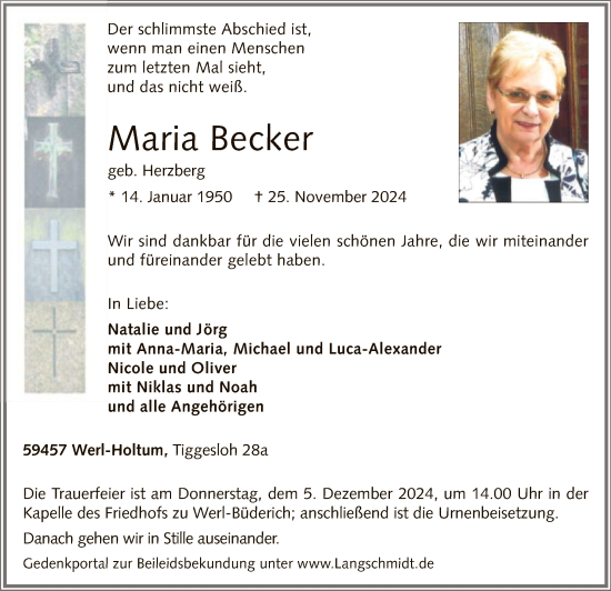 Todesanzeige von Maria Becker von WA