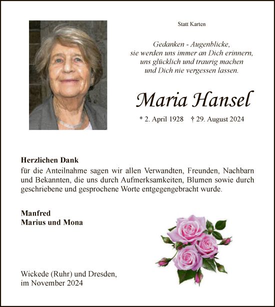 Todesanzeige von Maria Hansel von WA