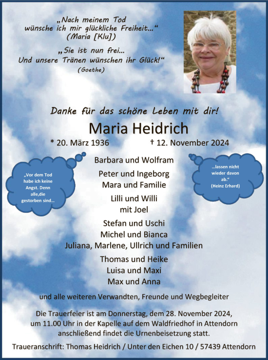 Todesanzeige von Maria Heidrich von WA