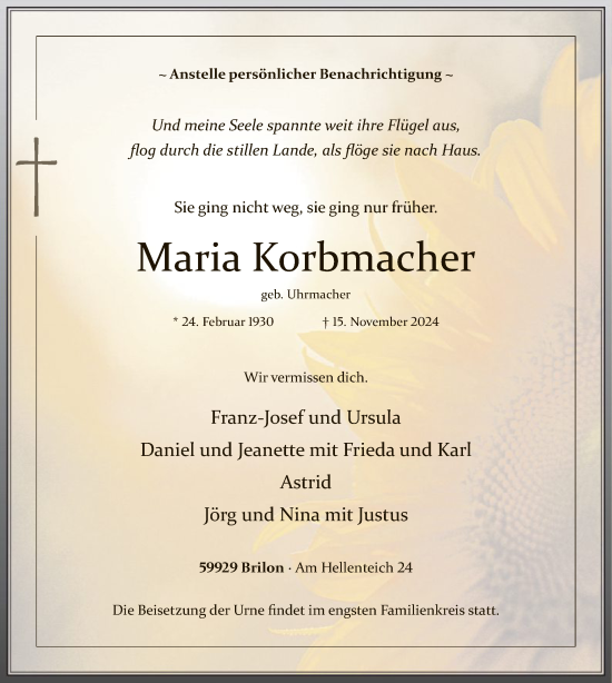 Todesanzeige von Maria Korbmacher von WA