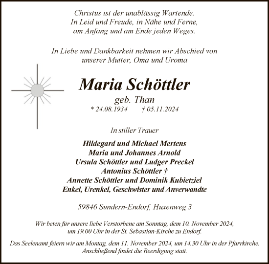 Todesanzeige von Maria Schöttler von WA
