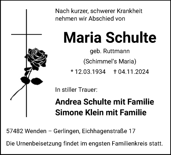 Todesanzeige von Maria Schulte von WA