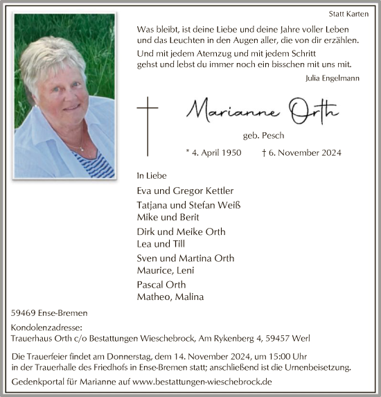 Todesanzeige von Marianne Orth von WA