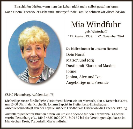 Todesanzeige von Mia Windfuhr von WA