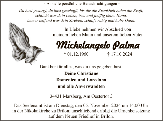 Todesanzeige von Michelangelo Palma von WA