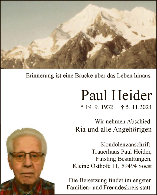 Todesanzeige von Paul Heider von WA