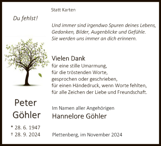 Todesanzeige von Peter Göhler von WA