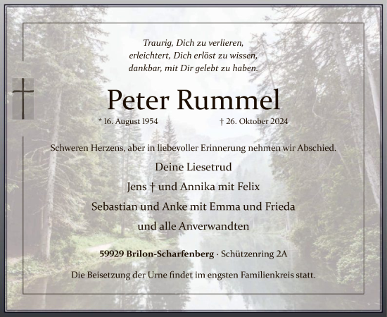 Todesanzeige von Peter Rummel von WA