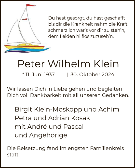 Todesanzeige von Peter Wilhelm Klein von WA