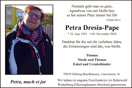 Todesanzeige von Petra Dresia-Pape von WA