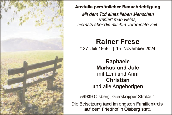 Todesanzeige von Rainer Frese von WA
