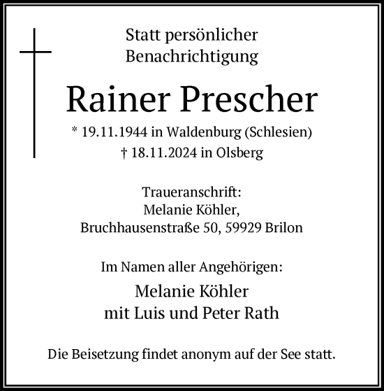 Todesanzeige von Rainer Prescher von WA
