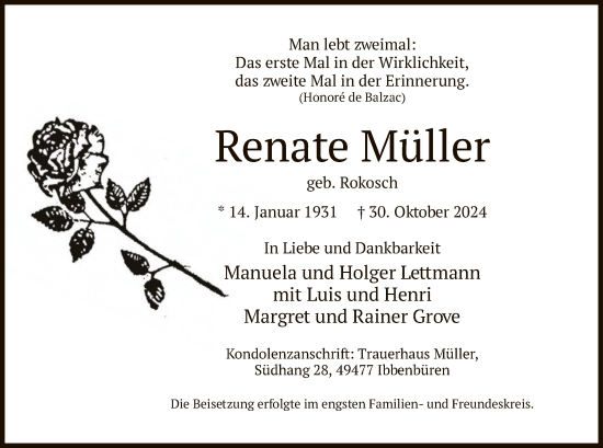 Todesanzeige von Renate Müller von WA