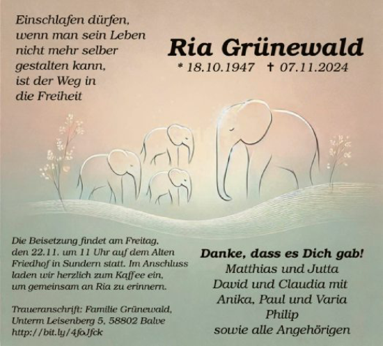Todesanzeige von Ria Grünewald von WA