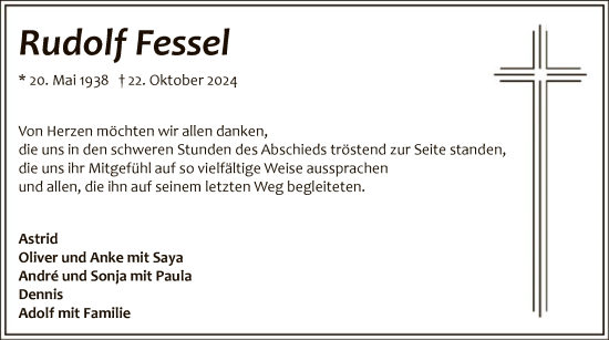 Todesanzeige von Rudolf Fessel von WA