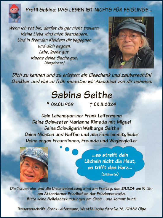Todesanzeige von Sabina Seithe von WA
