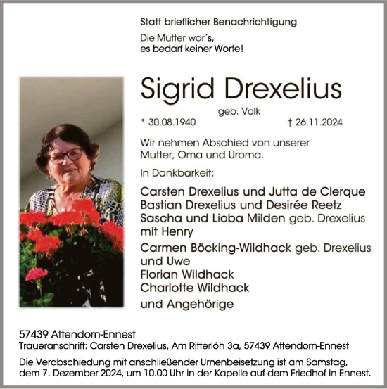Todesanzeige von Sigrid Drexelius von WA