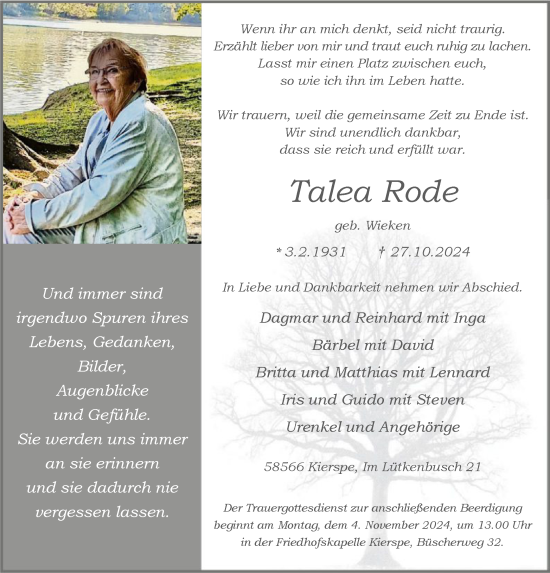 Todesanzeige von Talea Rode von WA
