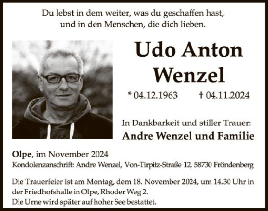 Todesanzeige von Udo Anton Wenzel von WA