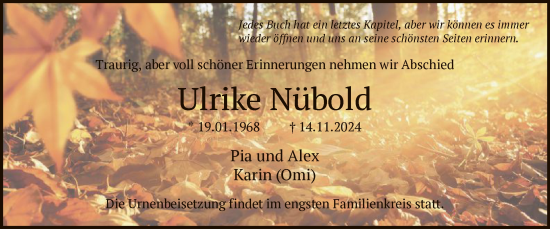 Todesanzeige von Ulrike Nübold von WA