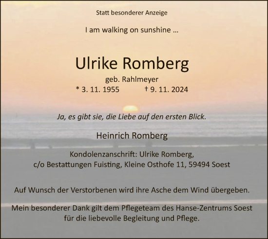 Todesanzeige von Ulrike Romberg von WA