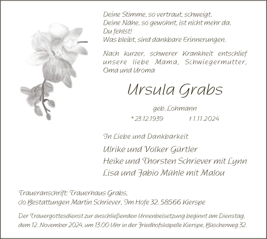 Todesanzeige von Ursula Grabs von WA