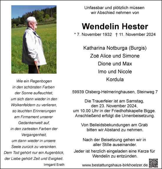 Todesanzeige von Wendelin Hester von WA