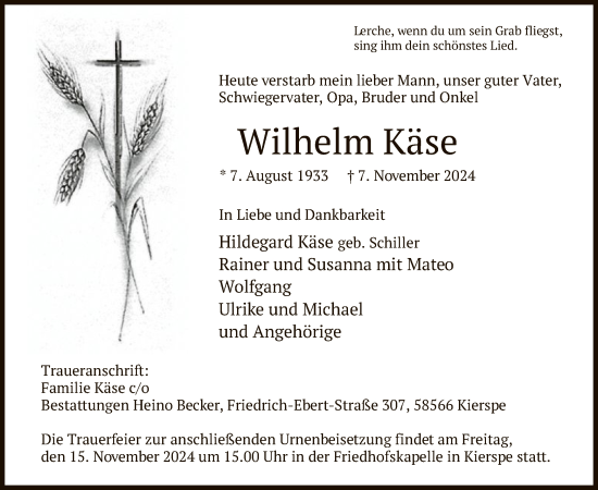Todesanzeige von Wilhelm Käse von WA