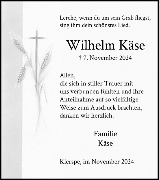 Todesanzeige von Wilhelm Käse von WA