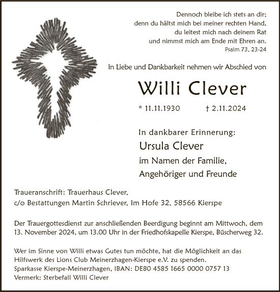 Todesanzeige von Willi Clever von WA