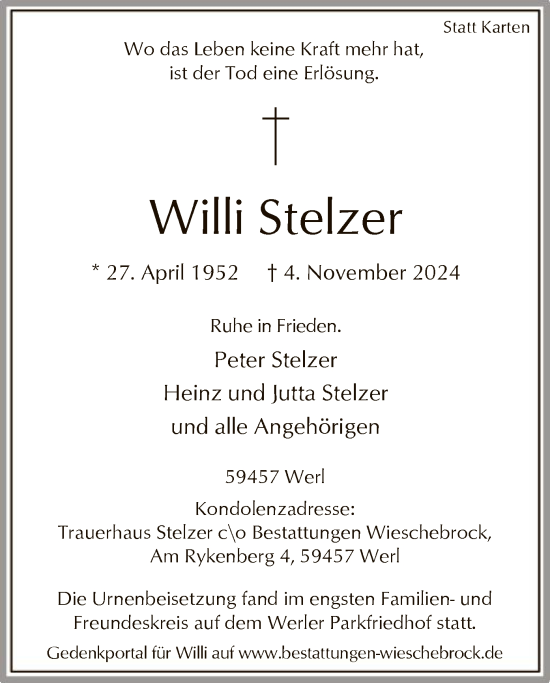 Todesanzeige von Willi Stelzer von WA