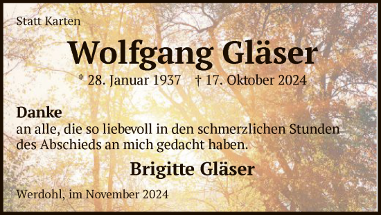 Todesanzeige von Wolfgang Gläse von WA
