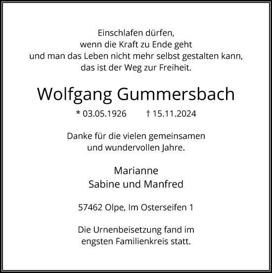 Todesanzeige von Wolfgang Gummersbach von WA