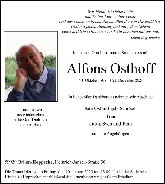 Todesanzeige von Alfons Osthoff von WA