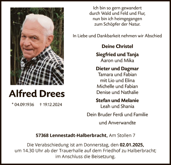 Todesanzeige von Alfred Drees von WA