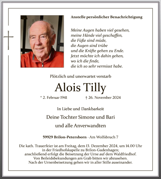Todesanzeige von Alois Tilly von WA