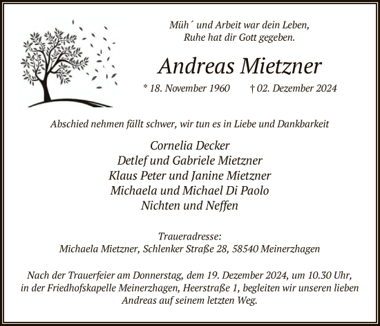 Todesanzeige von Andreas Mietzner von WA