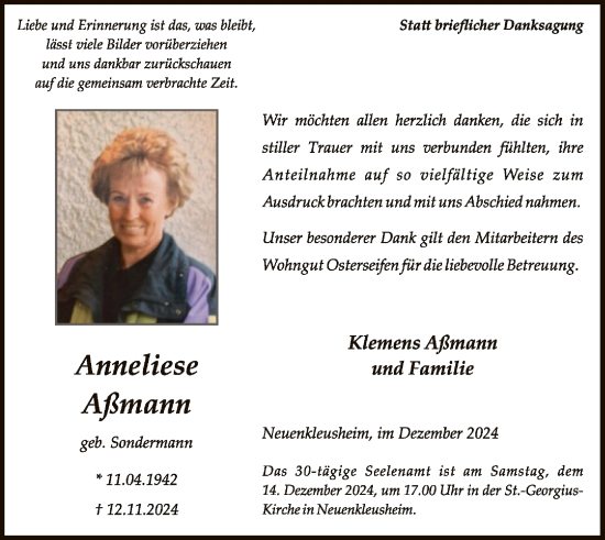 Todesanzeige von Anneliese Aßmann von WA