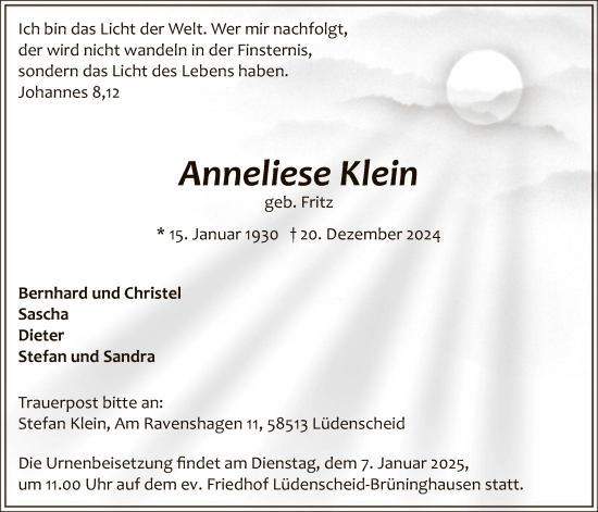 Todesanzeige von Anneliese Klein von WA