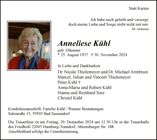 Todesanzeige von Anneliese Kühl von WA