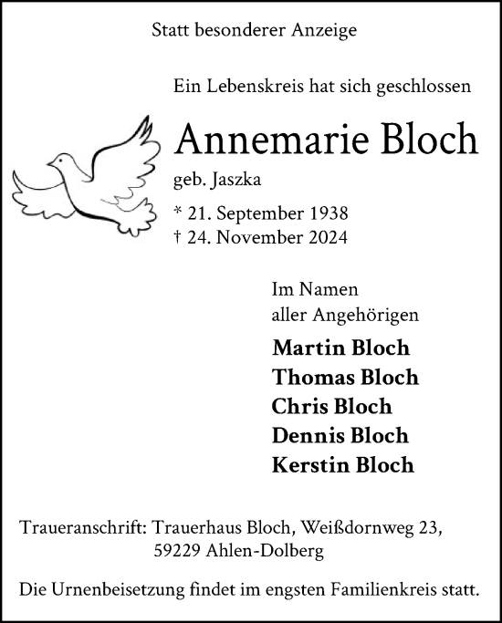 Todesanzeige von Annemarie Bloch von WA