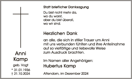 Todesanzeige von Anni Kamp von WA