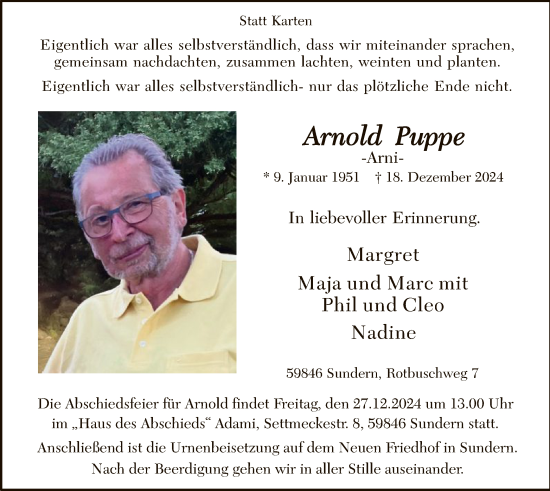 Todesanzeige von Arnold Puppe von WA