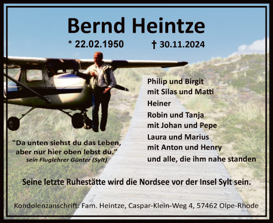 Todesanzeige von Bernd Heintze von WA