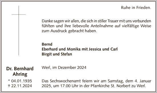 Todesanzeige von Bernhard Ahring von WA